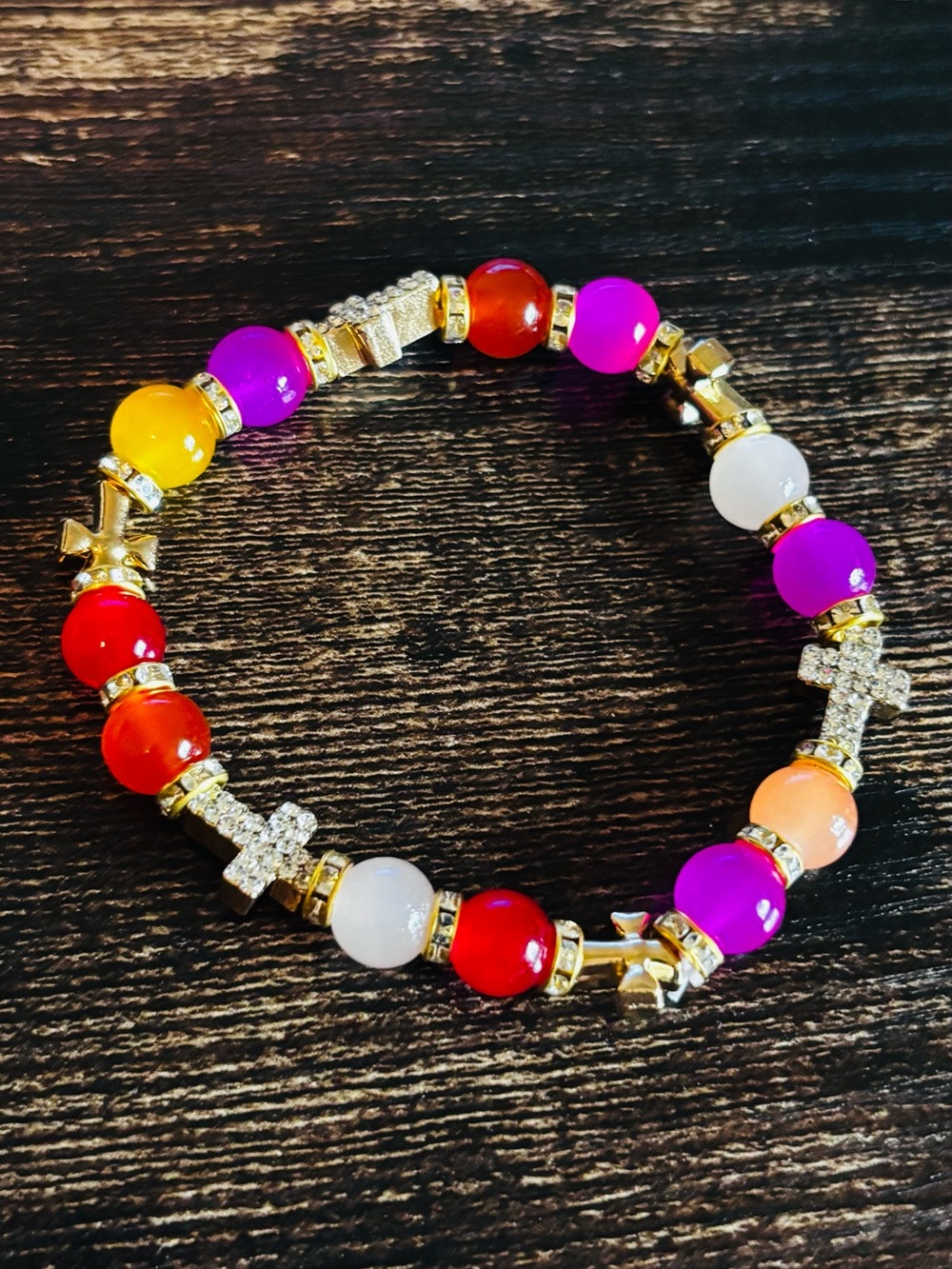 Multicolor Beaded Stretch Bracelet with Gold Cross Accents‎